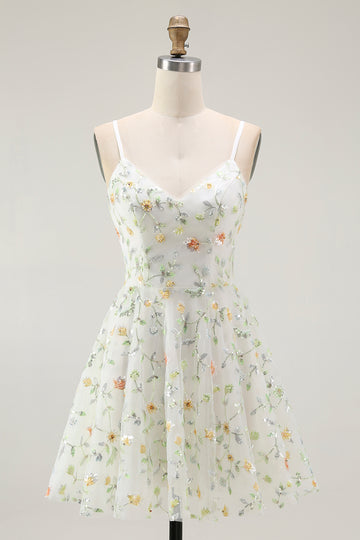 Green Floral A Line Spaghetti Straps Short Homecoming Dress